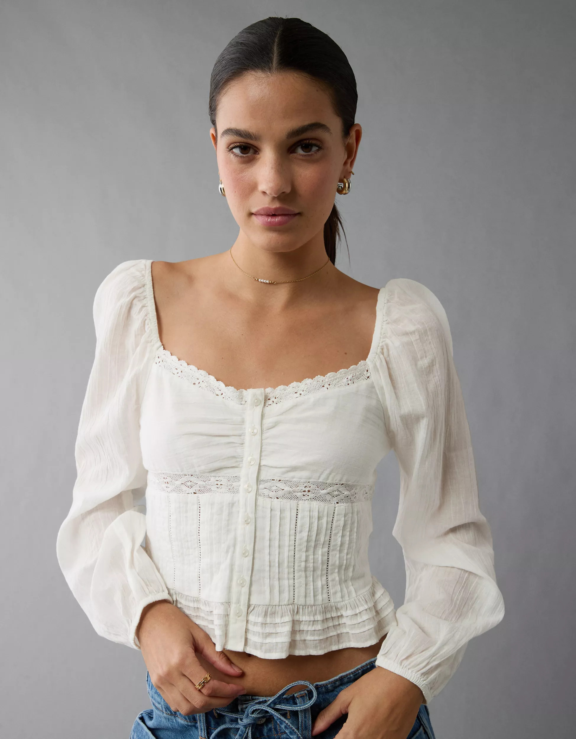 AE Long-Sleeve Cinched Blouse | American Eagle Outfitters (US & CA)