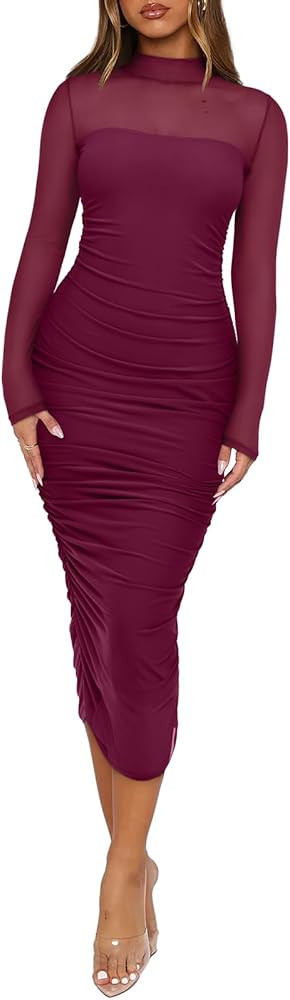 REORIA Women's Fall Mesh Sheer Long Sleeve Midi Ruched Bodycon Dress Mock Neck Elegant Evening Pa... | Amazon (US)