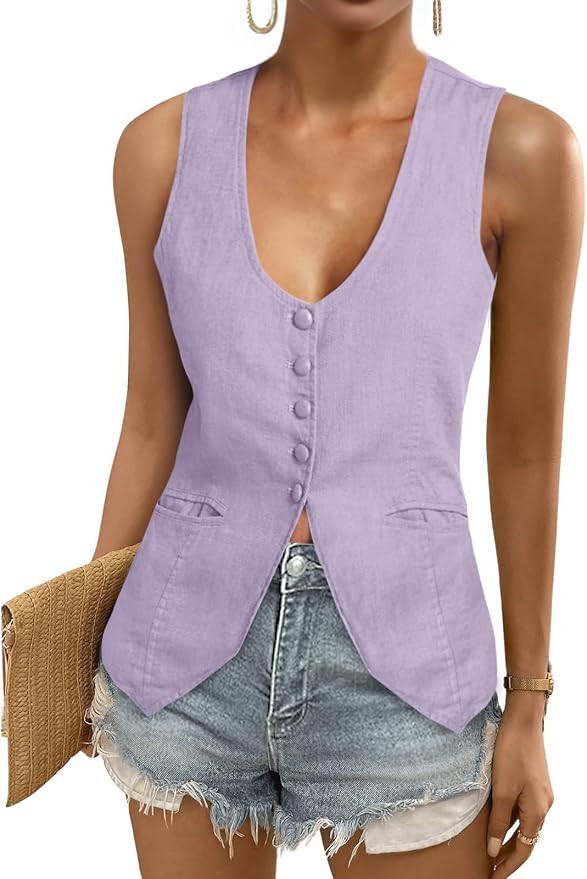 Tankaneo Womens Scoop Neck Blazer Vest Summer Sleeveless Fitted Waistcoat | Work Casual, Cotton S... | Amazon (US)