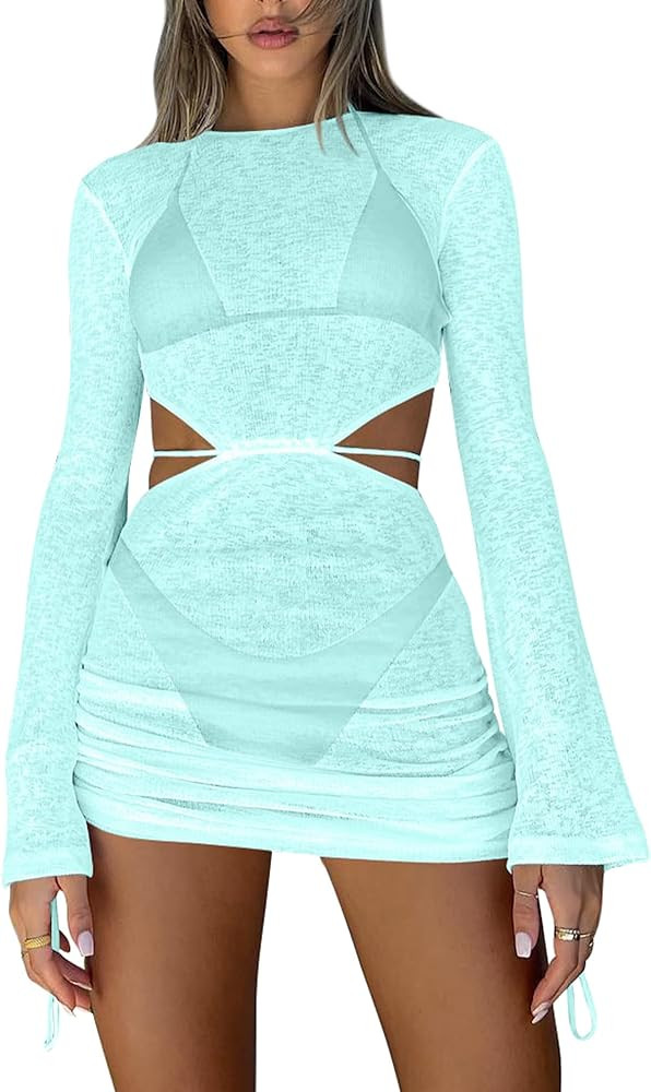 Kaximil Women's Swimsuit Coverup Long Sleeve Sexy Beach Bathing Suit Cover Ups Mini Dress Swimwea... | Amazon (US)