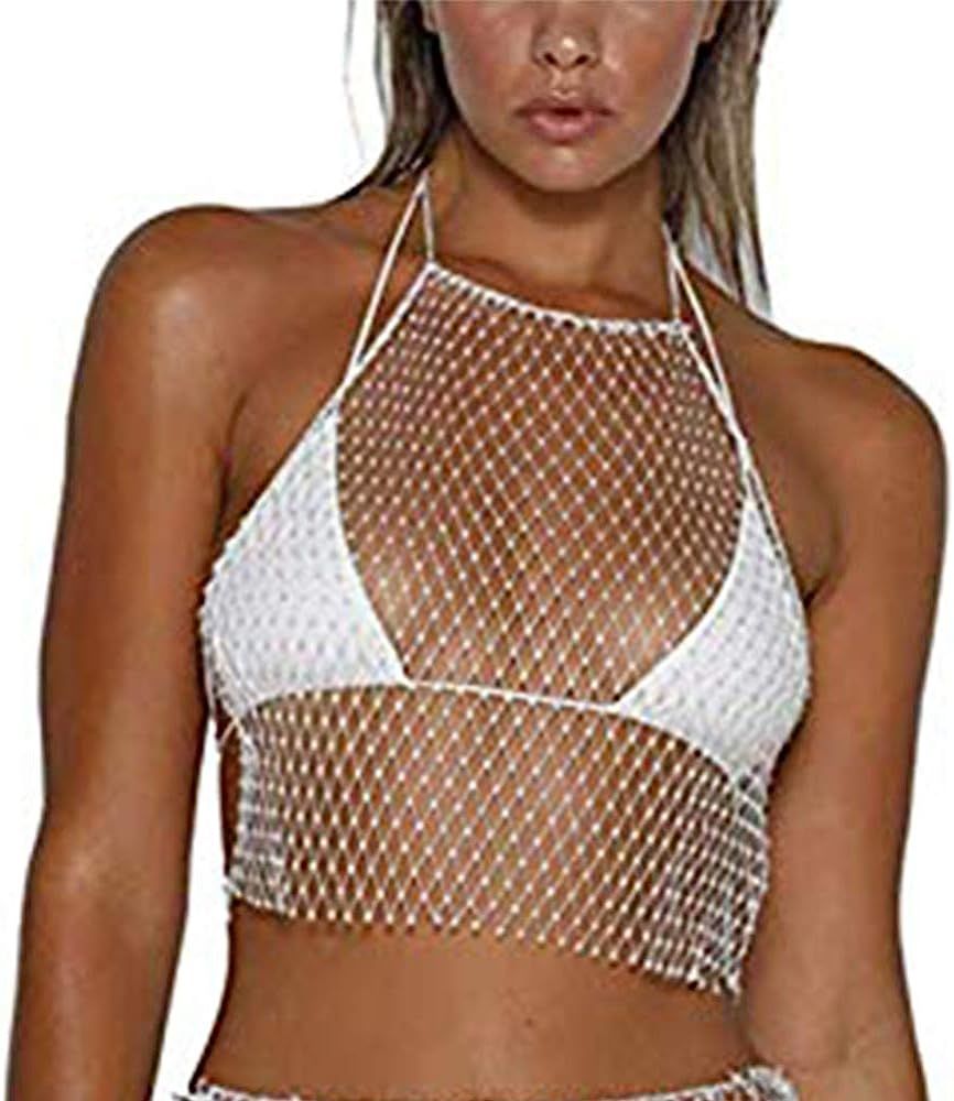 Axupico Women Sexy Mesh See through Rhinestone Fishnet Mini Skirts Beach Wrap Cover Up for Swimwear | Amazon (US)