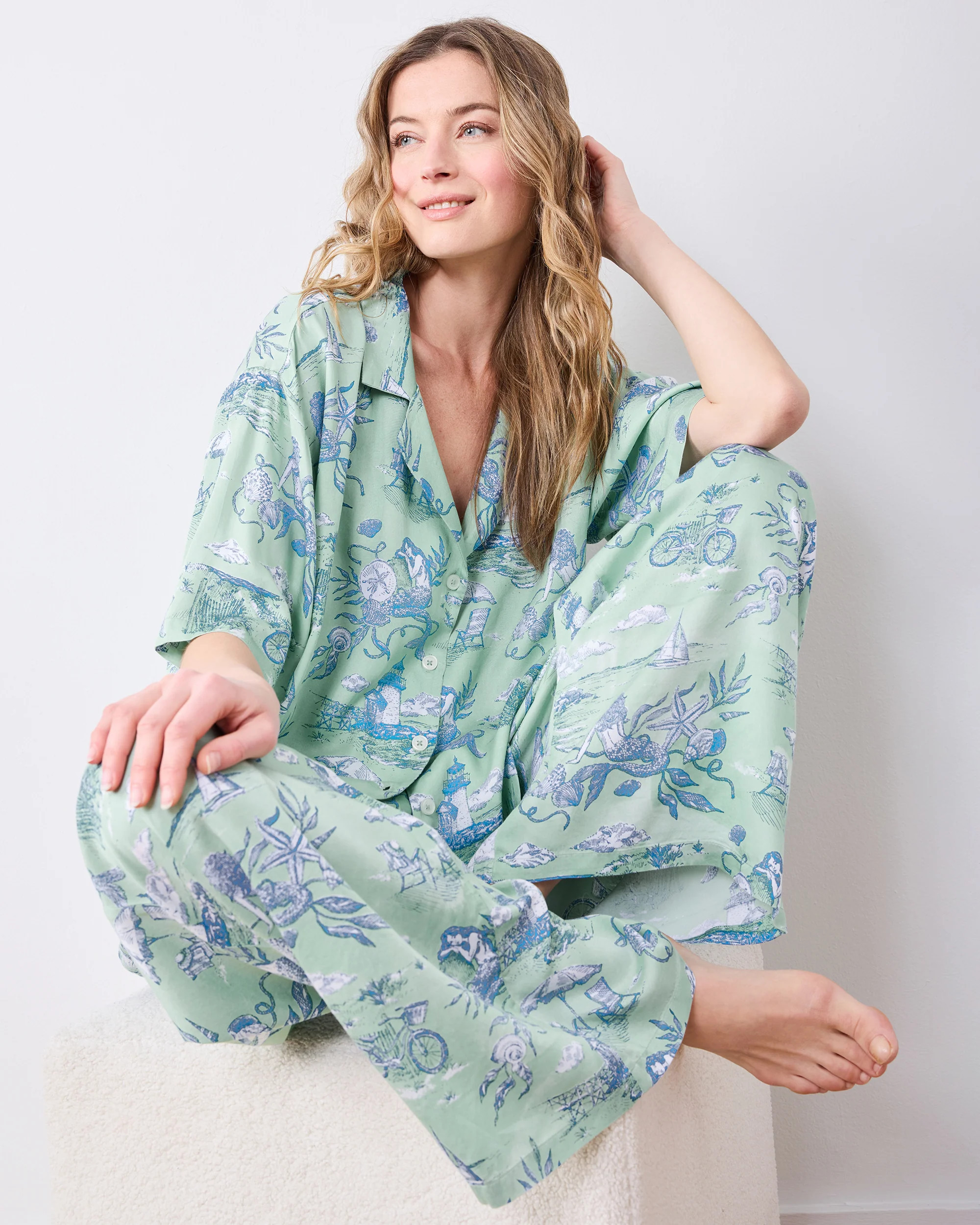 Eco Silky Short Sleeve and Pants Pajama Set in Mermaid Toile | Women's Petite XLP | Green | Summer Sleepwear | Printfresh
