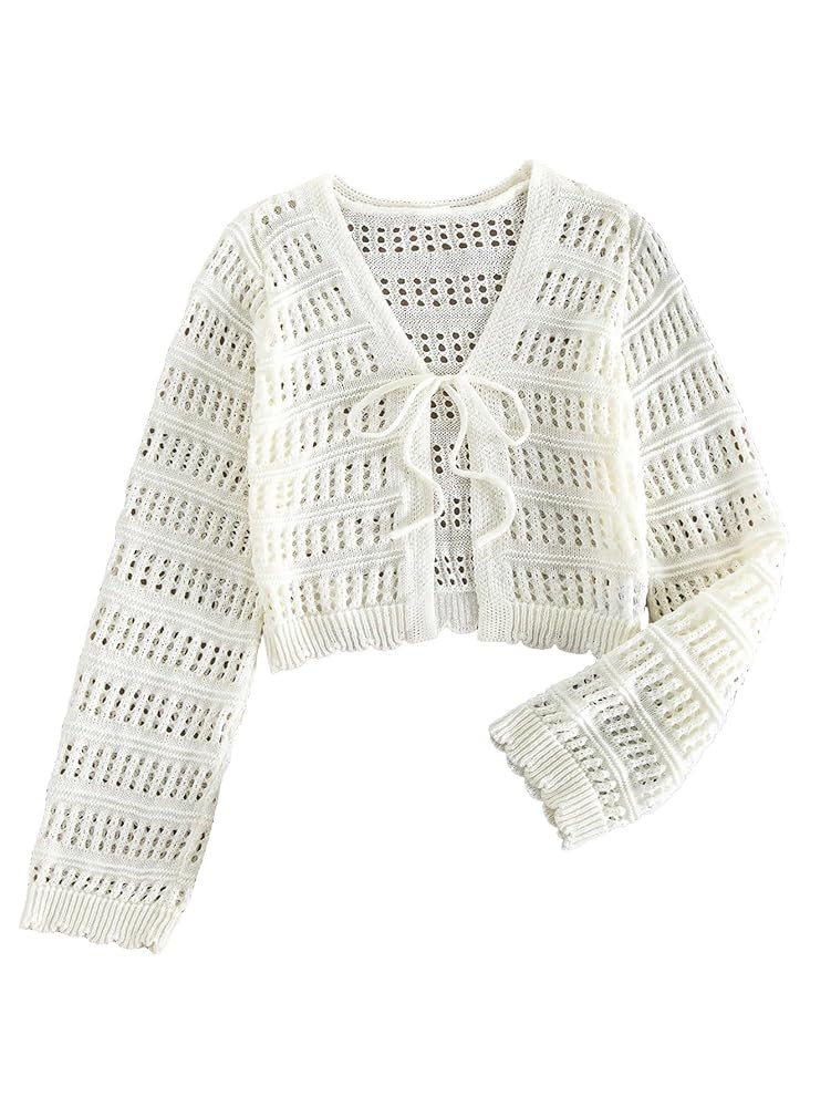 SHENHE Women's Tie Front Hollow Out Cover Up Summer Boho Knit Cardigan Crop Tops | Amazon (US)