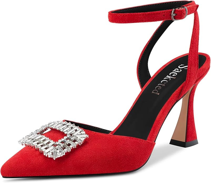 Saekcted Women Chunky Block High Heel Pointed Toe Sandals Ankle Strap Buckle Wedding Dress Shoes | Amazon (US)