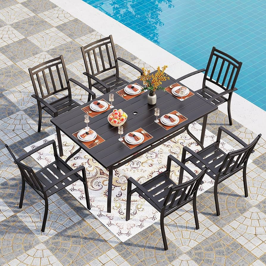 PHI VILLA Outdoor Dining Set of 7, 60" x 37" Metal Steel Slat Patio Dining Umbrella Table, 6 Chai... | Amazon (US)
