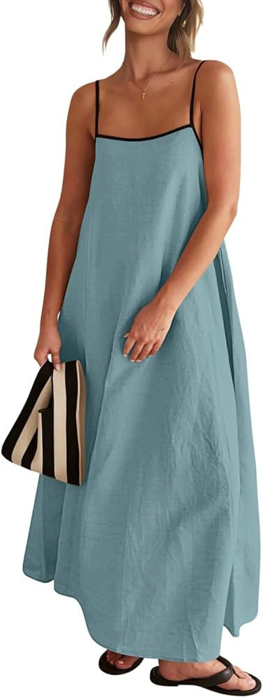 Shy Velvet Women's 2024 Summer Linen Maxi Dress Contrast Spaghetti Strap Dress Backless Sleeveles... | Amazon (US)