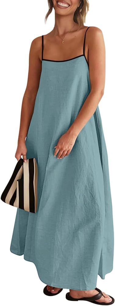 Women's 2024 Summer Maxi Dress Contrast Spaghetti Strap Beach Dress Backless Sleeveless Casual Li... | Amazon (US)