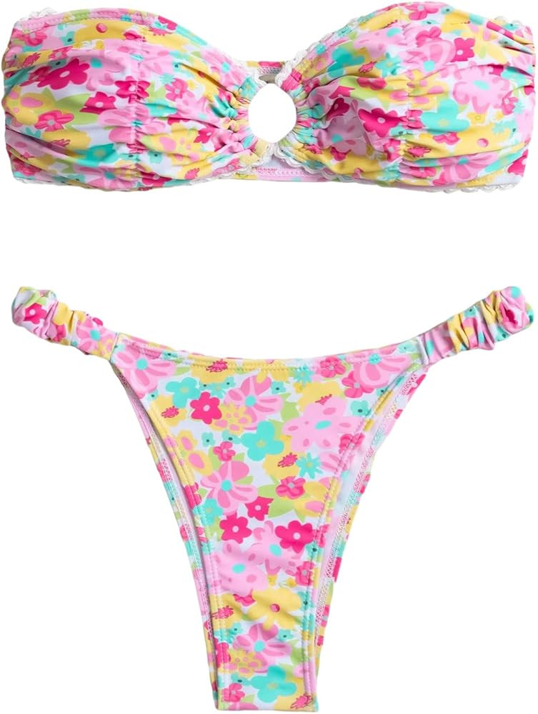 GORGLITTER Women's Floral Swimsuit Strapless Bandeau High Cut Thong Bikini Set Bathing Suit | Amazon (US)