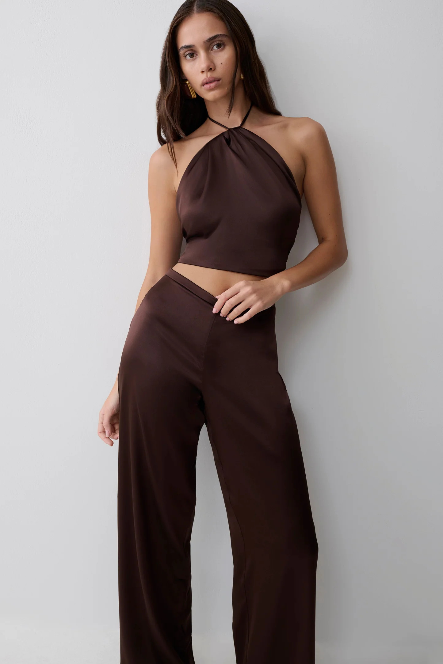 Mariana Halter Silk Blend Sleeveless Top - Dark Chocolate | Meshki UK