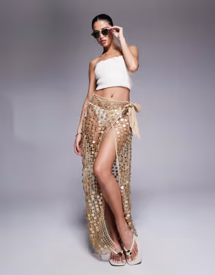 River Island sequin crochet sarong in gold | ASOS (Global)