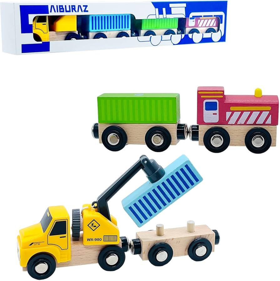 Wooden Trains Cars with Crane Magnetic Train Toys for Wooden Train Tracks Train Sets for Toddlers... | Amazon (US)