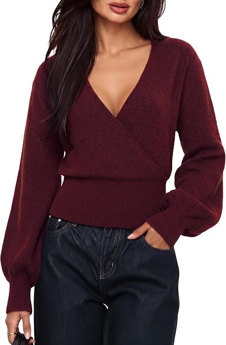 SUUKSESS Women Cashmere Blend V Neck Wrap Sweater Long Sleeve Knit Tops | Amazon (US)