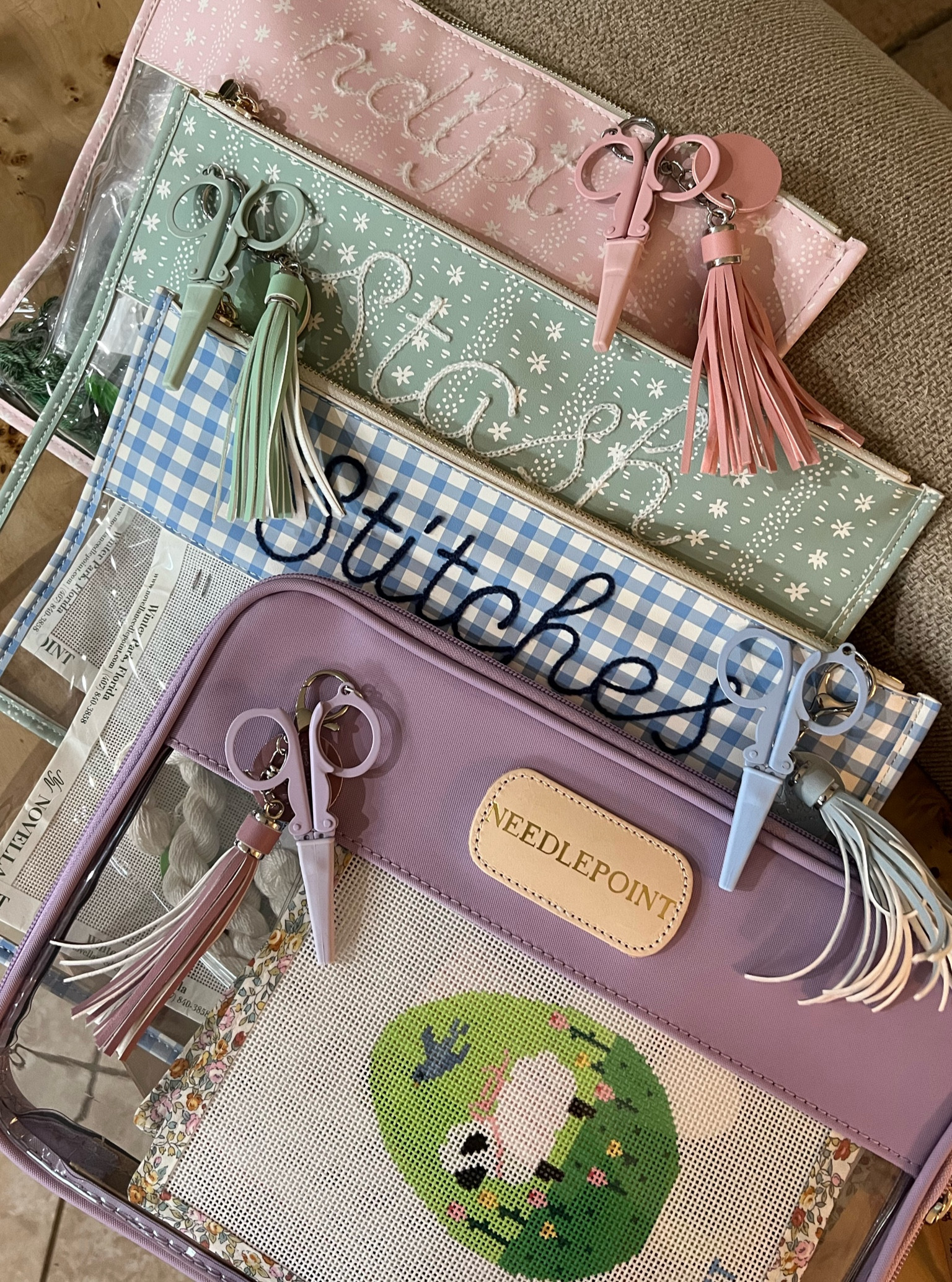 Needlepoint project bags. Large enough to carry most canvases. I usually have my canvas, threads, light, scissors, and sometimes an orts catcher or stitch book in mine! **I only have the size large zipper bag. I would stick to large or the xl if you’re planning on keeping an entire kit together**
The bottom lavender bag is by Jon Hart. You can purchase those at Novella Needlepoint! Either through their website or give them a call/text! 

#LTKhome #LTKMostLoved #LTKitbag