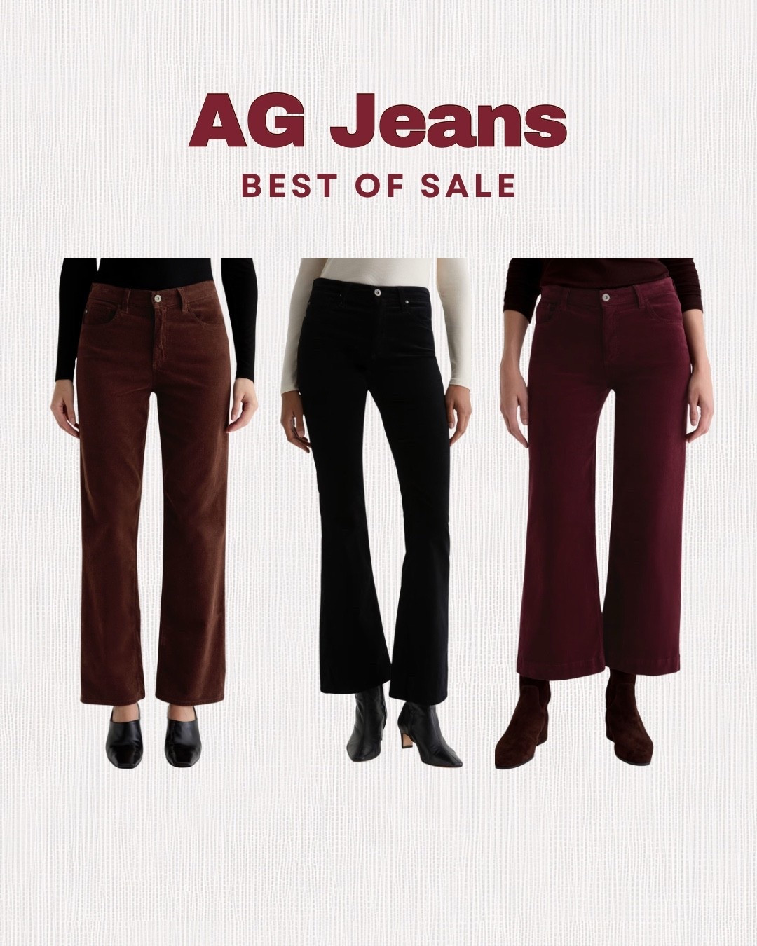 Best of sale from AG Jeans! Wintery velvet and corduroy pants. 



#LTKSeasonal #LTKSaleAlert