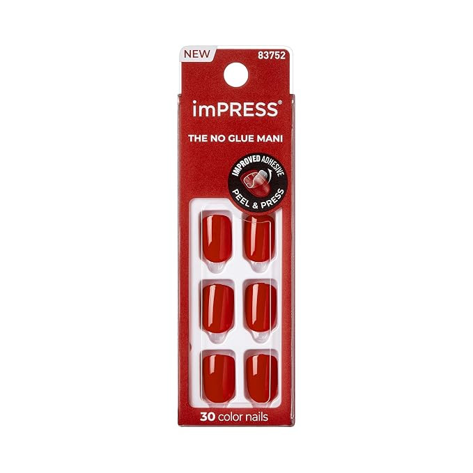 Kiss Impress No Glue Mani Press On Nails Kit, Reddy or Not, 30 Red Peel and Stick Nails, Super Sl... | Amazon (US)