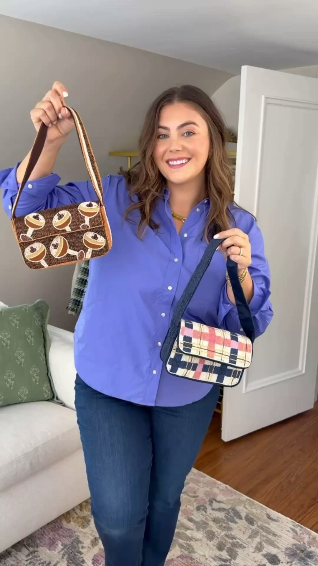 Save vs splurge - beaded handbag! Can you tell which is which? Wearing size XL in button down, 16Plus in jeans - use CARALYN15 at Good American