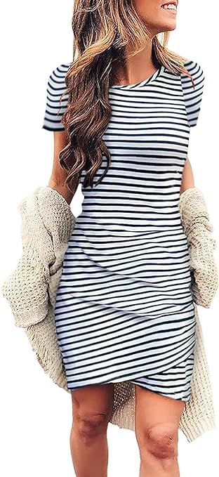 BTFBM Women's Summer Casual Beach Dresses Crew Neck Short Sleeve Ruched Stretchy Bodycon T Shirt ... | Amazon (US)