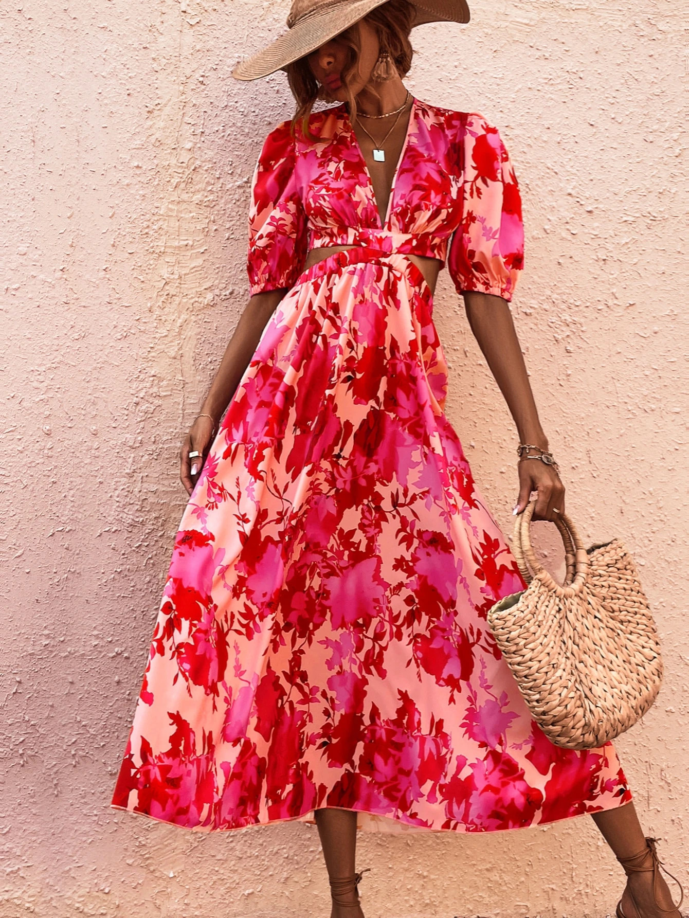 Allover Floral Print Cut Out Puff Sleeve Dress | SHEIN