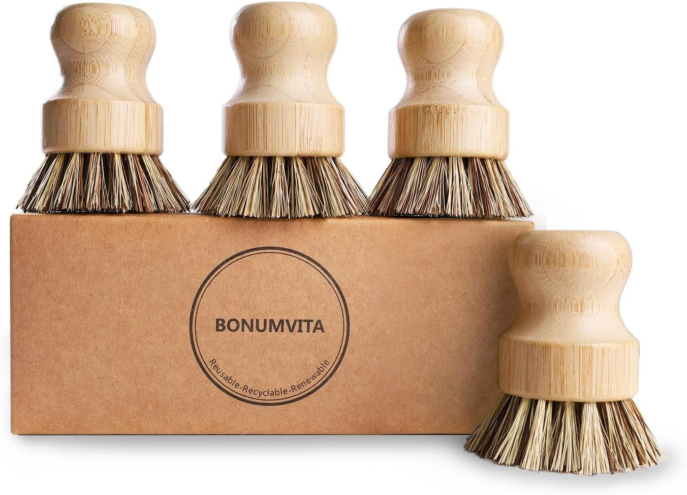 BONUMVITA Bamboo Dish Brush Set,4 Pack Kitchen Palm Pot Brush with Union Fiber, Natural Bamboo Di... | Amazon (US)