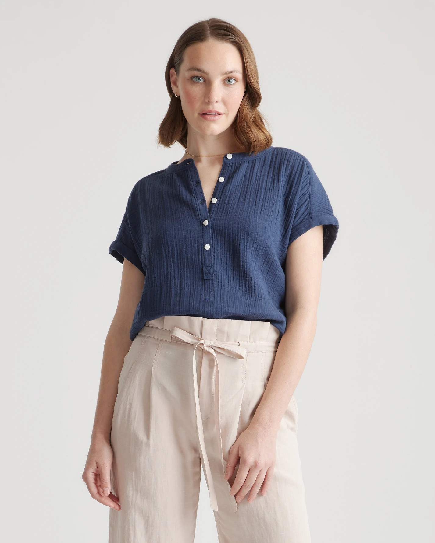 100% Organic Cotton Gauze Roll Sleeve Shirt | Quince