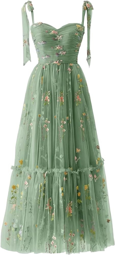 Sevintage Flower Embroidered Tulle Prom Dresses Spaghetti Straps Tea Length Formal Cocktail Party... | Amazon (US)