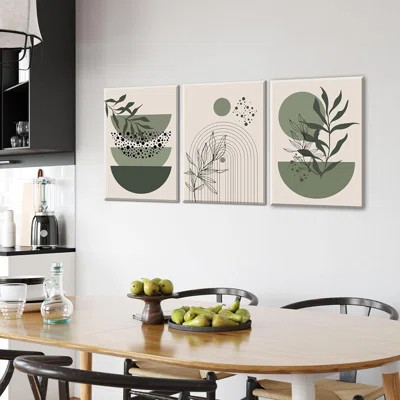 Sage Green Boho Wall Art Set Of 3 Abstract Minimalist Geometric Line Poster Green Botanical Leaf Canvas Prints Modern Artwork Painting Decor For Livin | Wayfair North America