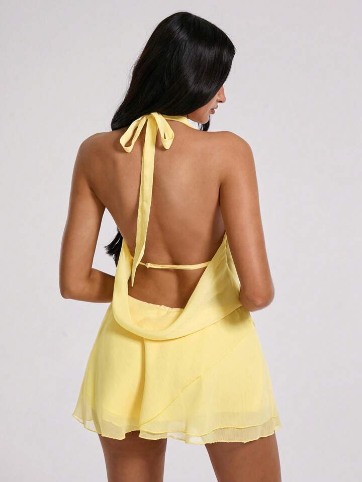 SHEIN BAE Women's Solid Yellow Draped Neck Backless Asymmetrical Hem Mini Dress, Suitable For Par... | SHEIN