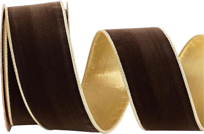 Brown Velvet Christmas Wired Ribbon 2.5 inch Wide*10Yards Brown and Gold Double Sided Velvet Ribb... | Amazon (US)