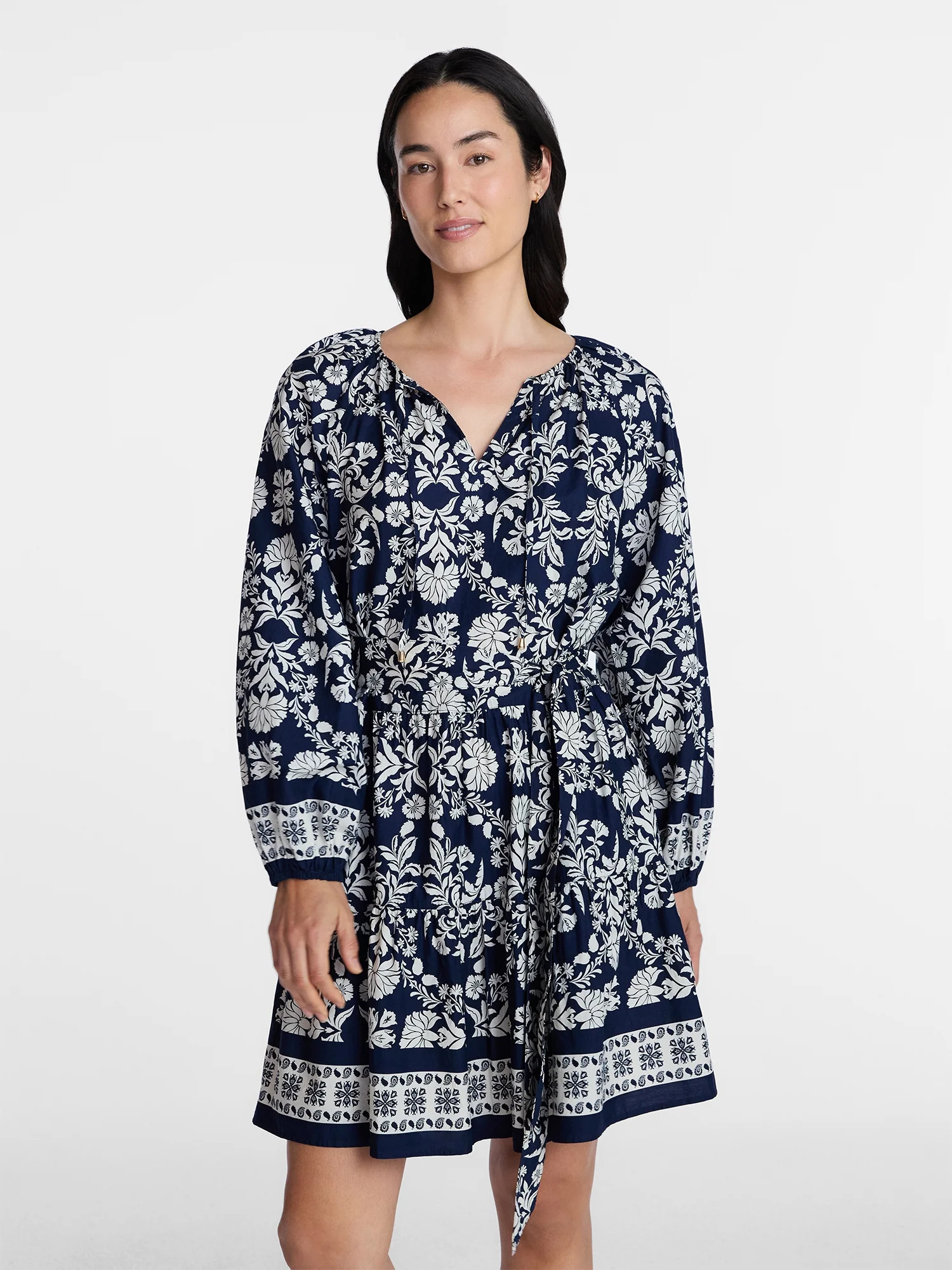 Time and Tru Women's and Women's Plus Tie Neck Cotton Mini Peasant Dress, Sizes XS-4X | Walmart (US)