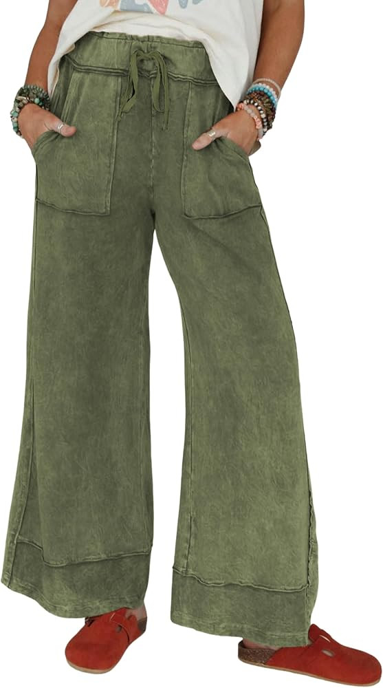 Athlisan Womens Casual Wide Leg Sweatpants Acid Wash Elastic Waisted Palazzo Pants Trousers with ... | Amazon (US)