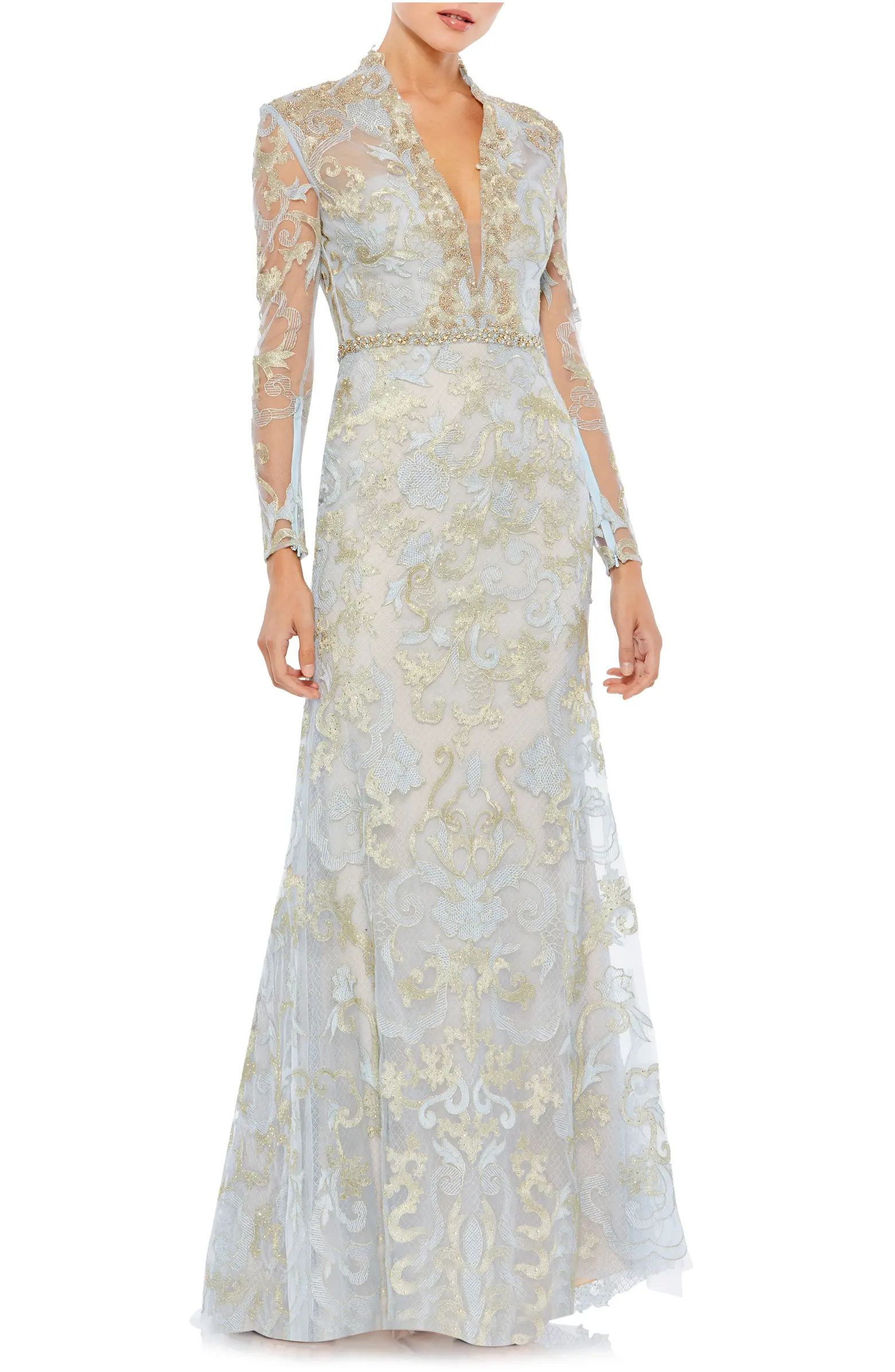 Beaded Queen Anne Lace Long Sleeve Trumpet Gown | Nordstrom