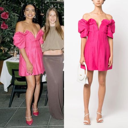 Danielle Olivera’s Pink Off the Shoulder Dress is by Cult Gaia // Shop Similar 📸= @lindshubbs