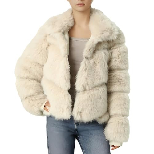 Y11ermaa Women's Trendy Cropped Faux Fur Coat Fluffy Open Front Jacket Cardigan Collar with Pockets Beige Size L | Amazon (US)