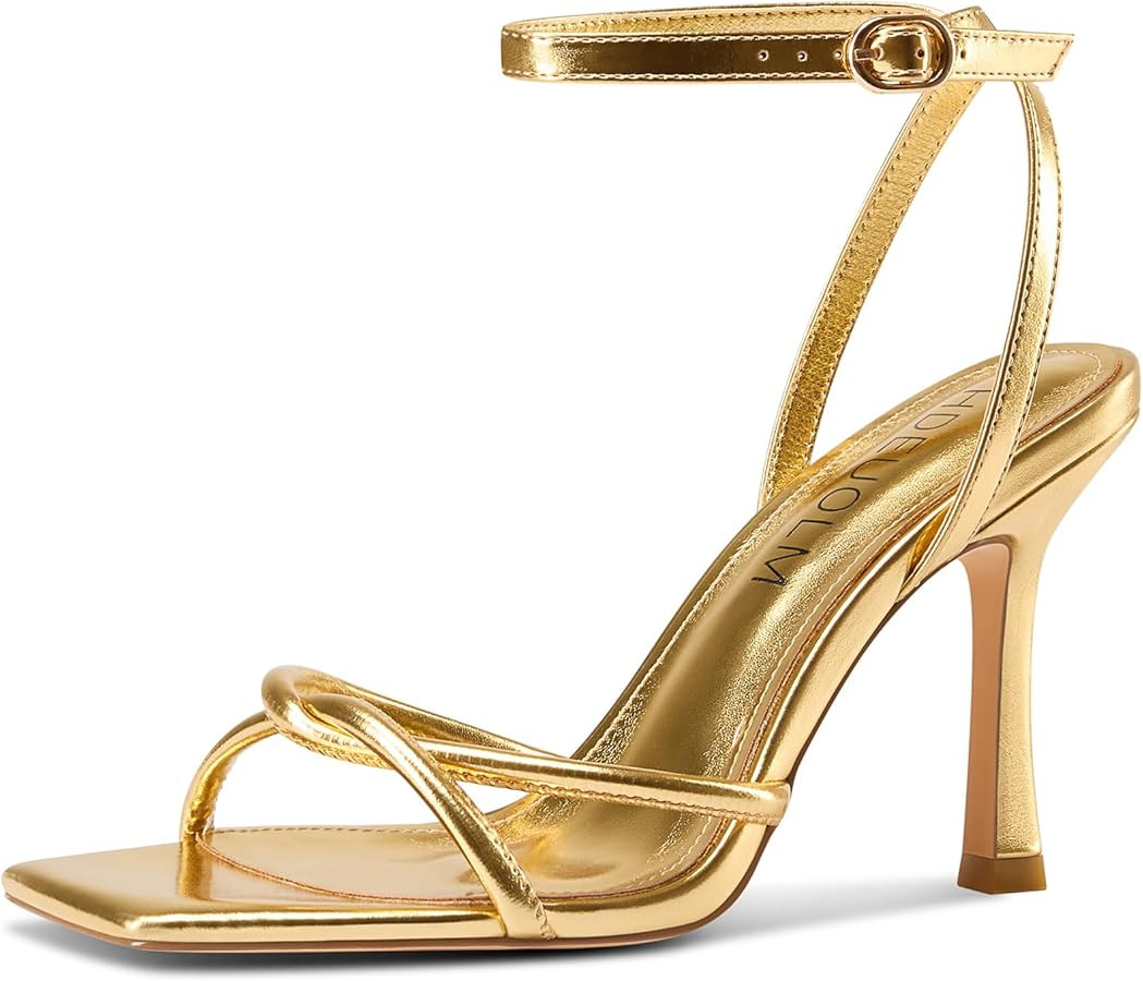 HDEUOLM Womens Strappy Heels Stiletto High Heel Square Toe Sandals Ankle Strap Prom Party Dress 3... | Amazon (US)