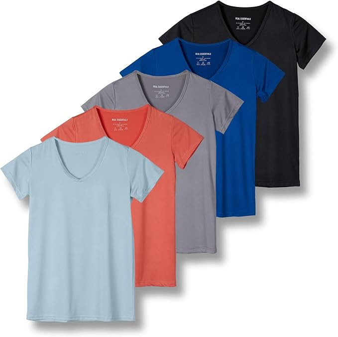 Real Essentials 5 Pack: Women's Short Sleeve V-Neck Activewear T-Shirt Dry-Fit Wicking Yoga Top (... | Amazon (US)