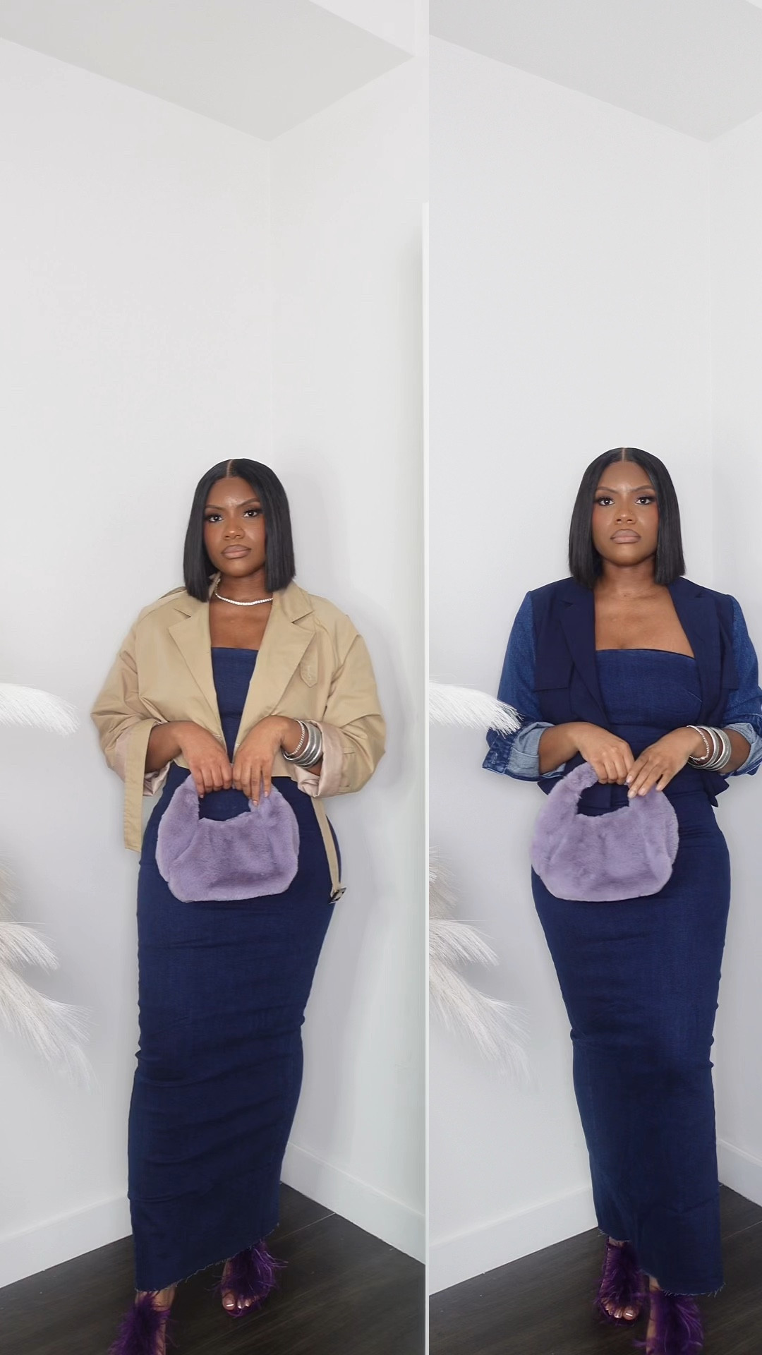 Fall outfit, denim dress, maxi dress, blazer, crop trench, denim blazer, purple heels 

#LTKFallSale #LTKStyleTip #LTKFindsUnder50