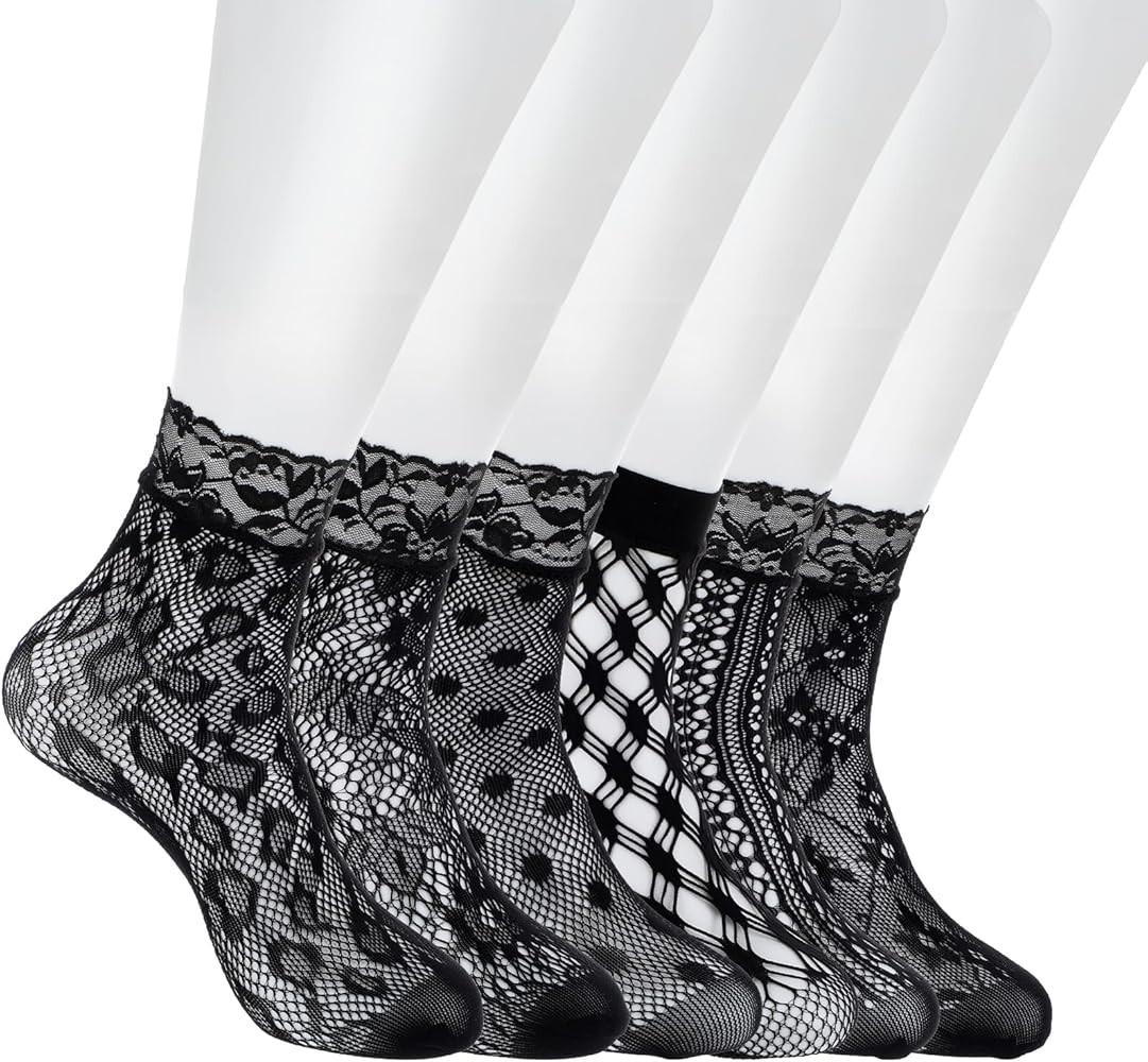 GEEHUA 6 Pairs White/Black Lace Socks, Elegent Mesh Fishnet Ankle Socks Sexy Hollow Mesh Lace Soc... | Amazon (US)