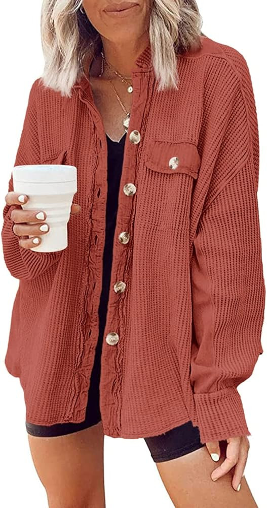Yanekop Womens Waffle Knit Shacket Boyfriend Shirt Jacket Button Down Blouse Loose Fit Long Sleev... | Amazon (US)