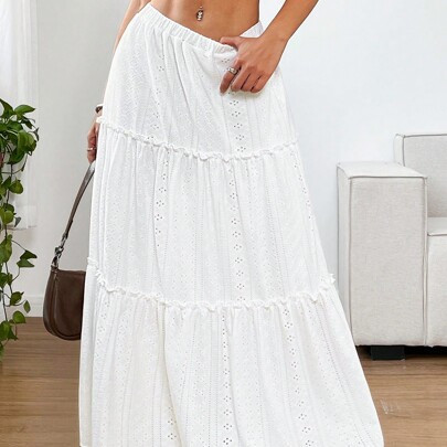 Bohemian White Knitted Layered Cake Long Skirt, Summer | SHEIN