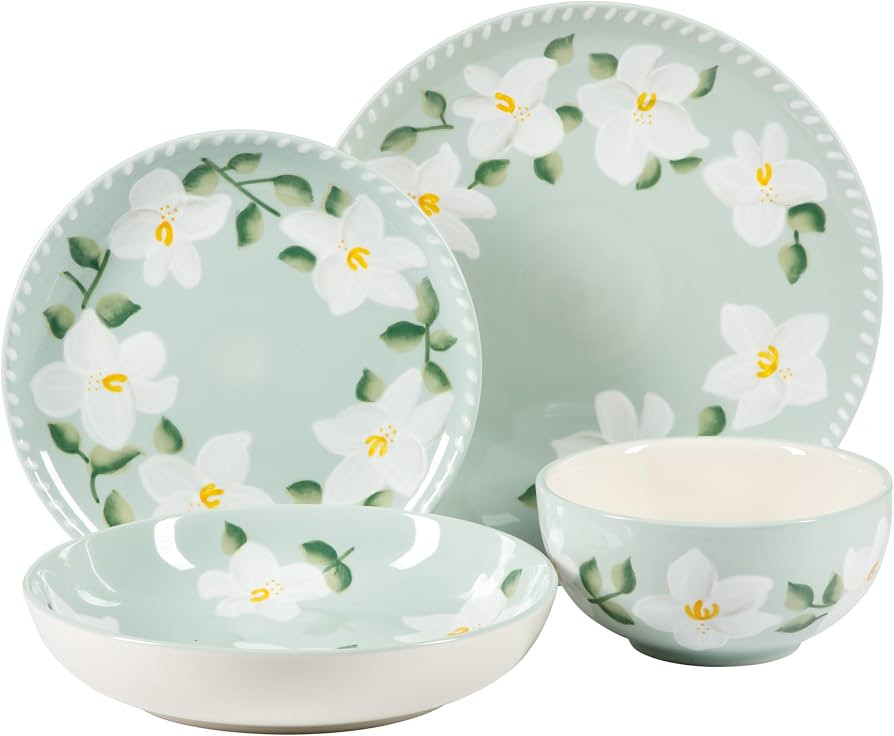 Bloomhouse Magnolia Bloom 16 Piece Double Bowl Hand Painted Stoneware Plates and Bowls Floral Din... | Amazon (US)