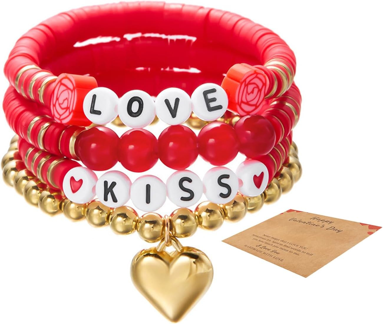 4Pcs Valentine’s Day Bracelets, KISS LOVE Letter Preppy Stackable Cute Red Pink Vinyl Disc Bead... | Amazon (US)