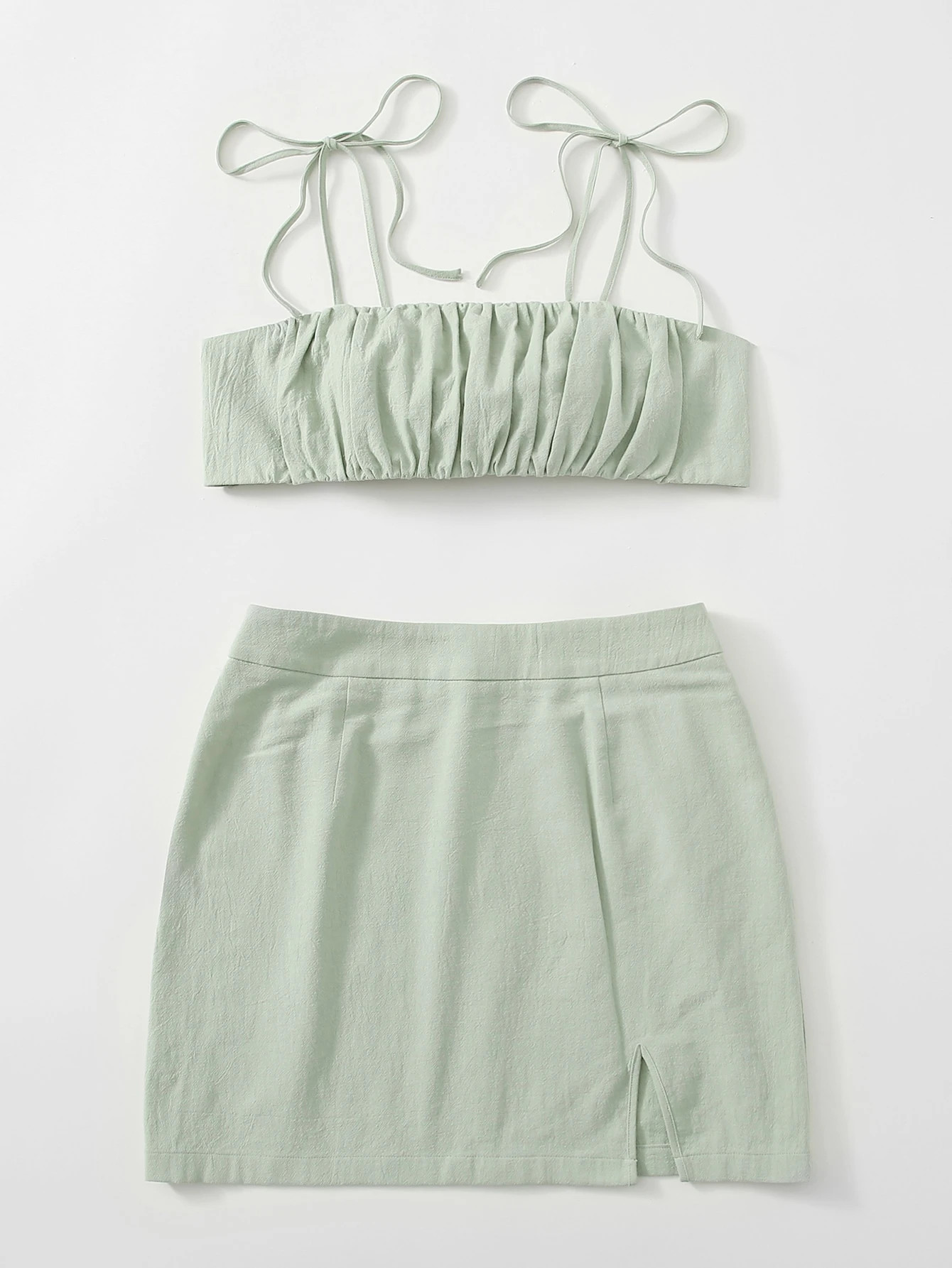 SHEIN Knot Shoulder Tie Back Ruched Bust Crop Cami Top & Split Hem Skirt Set | SHEIN