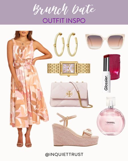 Shop this outfit idea for your next brunch date! A chic peach patterned midi dress paired with a pink crossbody bag, neutral espadrilles wedges, gold accessories, and more!
#springfashion #outfitinspo #beautypicks #dressylook

#LTKBeauty #LTKItBag #LTKShoeCrush