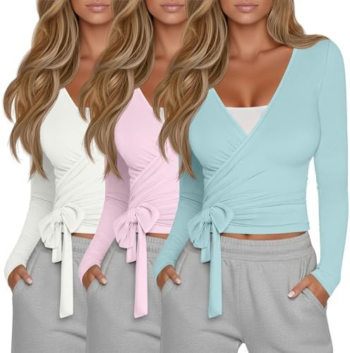 Oakgarden 3 Pack Women's Tie Wrap Tops, Long Sleeve Workout Ballet Yoga Pilates Shirts Deep V Nec... | Amazon (US)