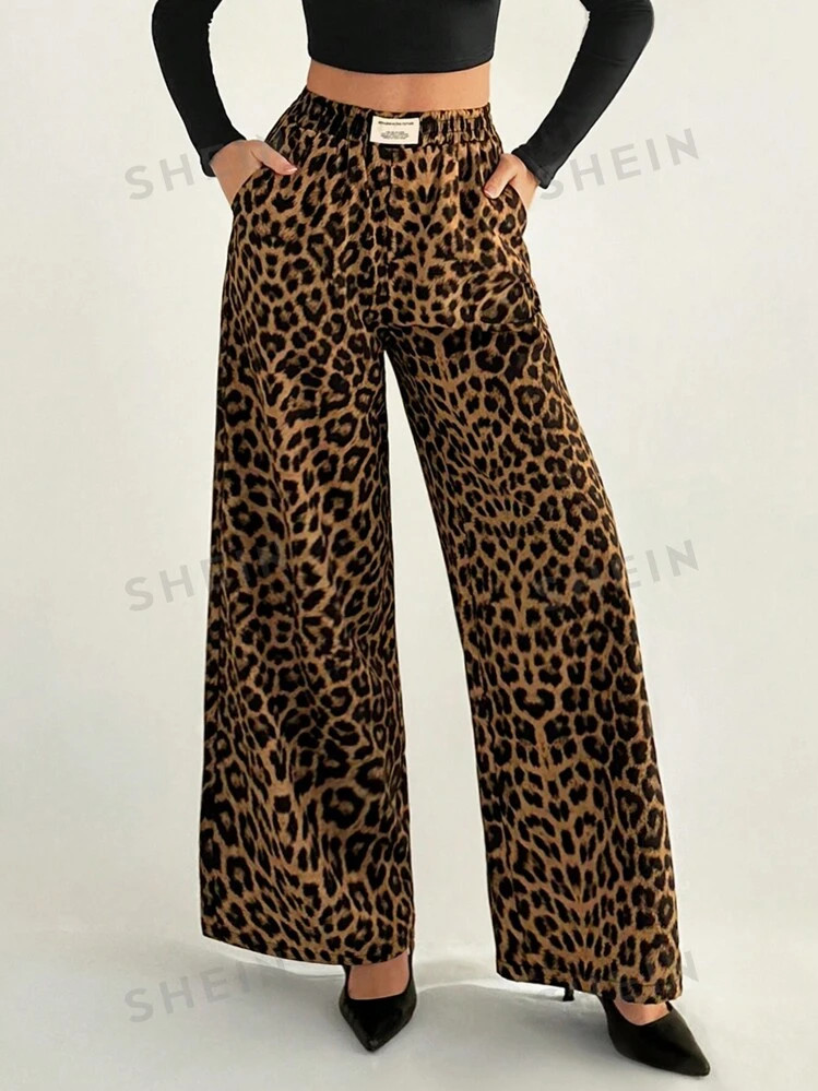 SHEIN Tall Women's Leopard Print Woven Waistband Patchwork Wide Leg Street Trousers | SHEIN