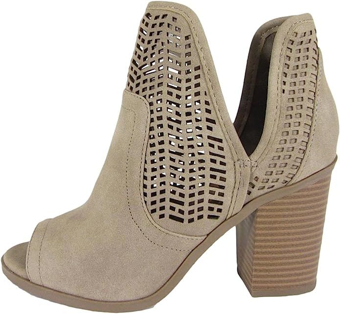 Soda Women's Laser Cut Side V Cutout Open Toe Stacked Chunky Heel Bootie | Amazon (US)