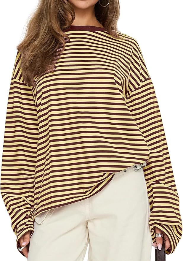 CHYRII Women Oversized Striped Long Sleeve T Shirt Fashion 2026 Crewneck Casual Fall Spring Tops ... | Amazon (US)