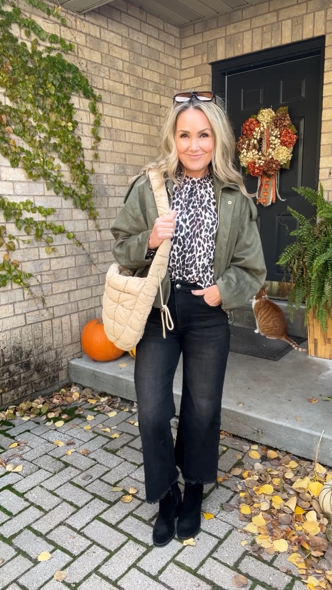 Leopard print top wearing size M 
Black wide leg jeans wearing size 7/28
Olive batwing bomber jacket wearing size M

Great look for Fall/Winter 2025

#fallfashion  #falloutfits #womenover40 #leopardprint 

#LTKStyleTip #LTKOver40 #LTKWorkwear
