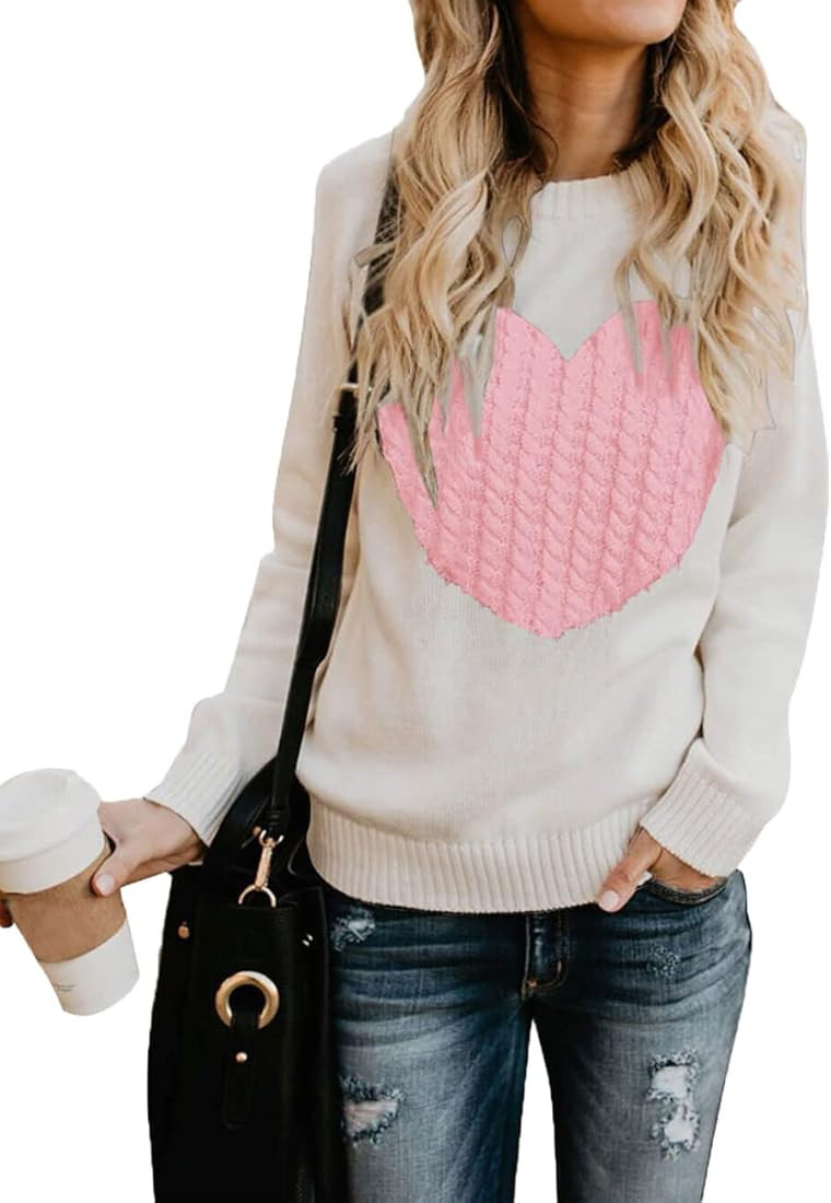 Alsol Lamesa Women Sweaters Heart Front Crew Neck Long Sleeve Knitted Pullover Sweater | Amazon (US)
