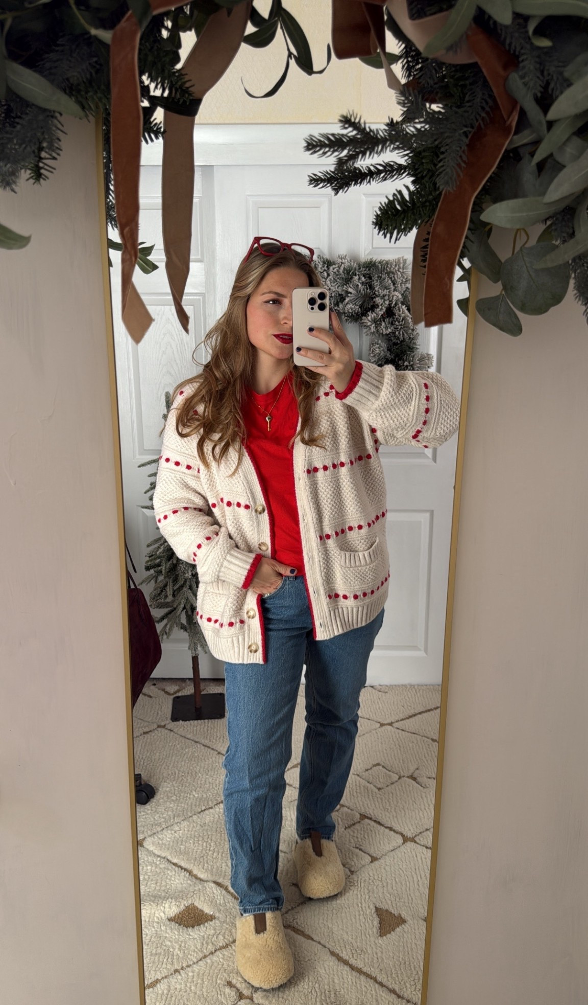 Casual Valentine’s Day look ❤️💄 Wearing a size M sweater 

Red lipstick, cardigan, Valentine’s Day outfit, fair isle sweater, cardigan, straight jeans, red glasses, red frames, shearling clog, cozy shoes, seasonal 

#LTKBeauty #LTKFindsUnder100 #LTKSeasonal